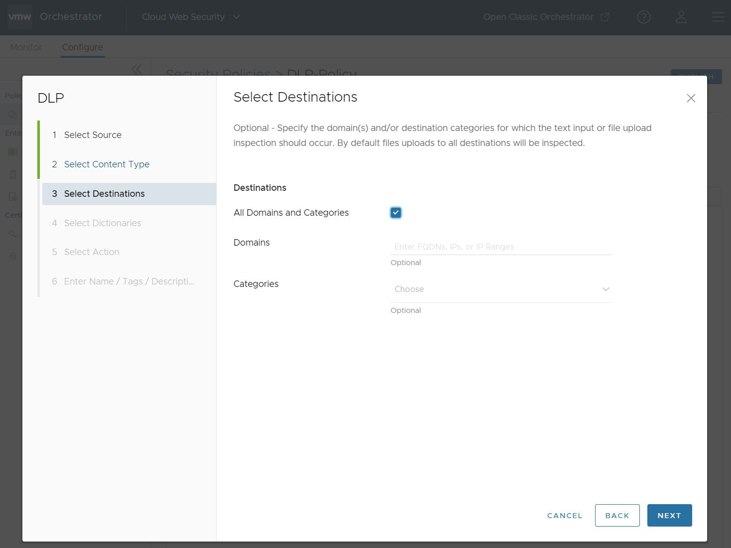 Default settings for Select Domain.