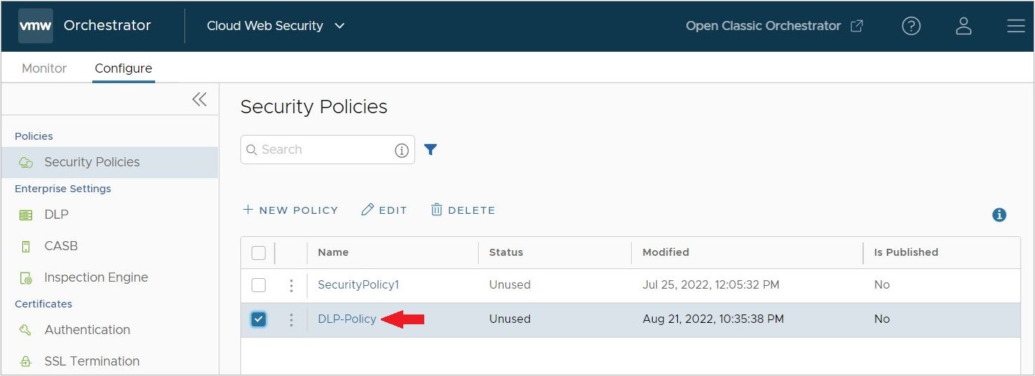 Select DLP Specific Security Policy to Edit