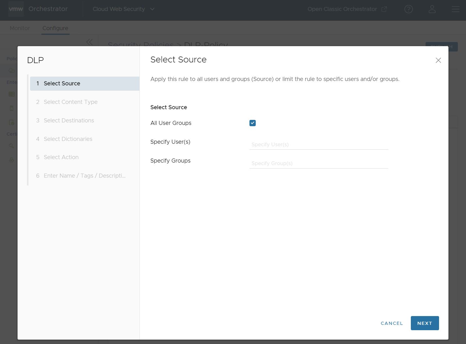 First option to configure is Source, by default this is set to All User Groups.