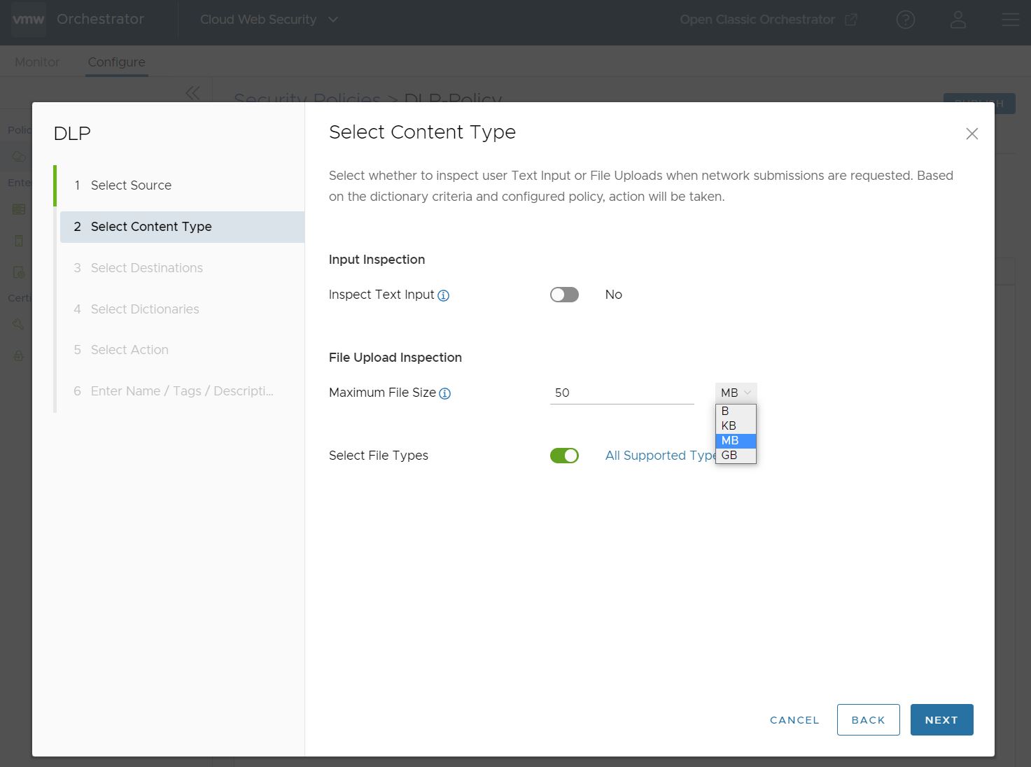 Default Screen for Select File Type, showing Input Test Input, File Upload Inspection with Maximum File Size and File Types.