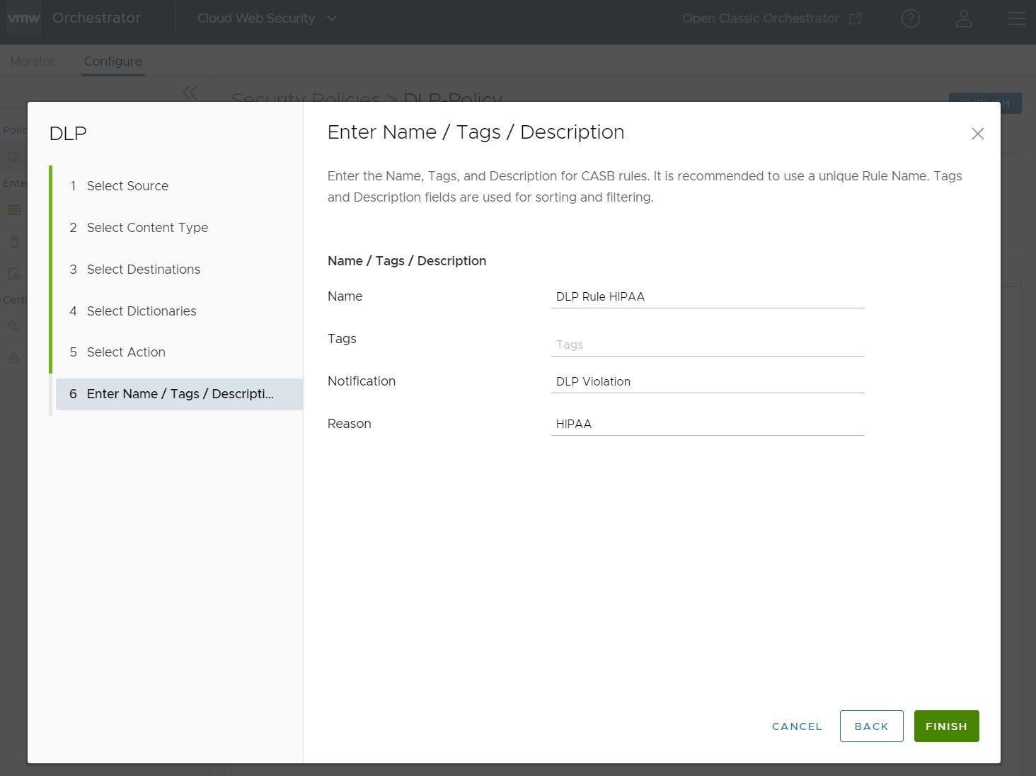 Configure a Name and Description for the DLP Rule.