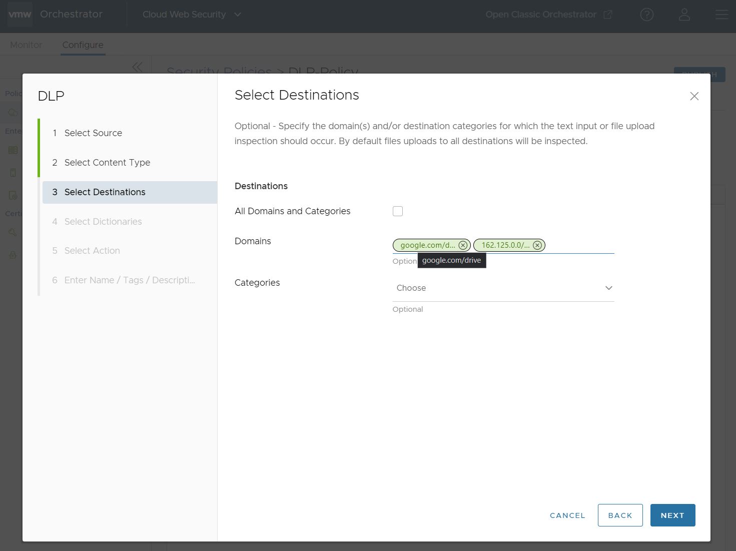 Configuring the Domains including FQDNS, IP Addresses and IP Address Ranges.