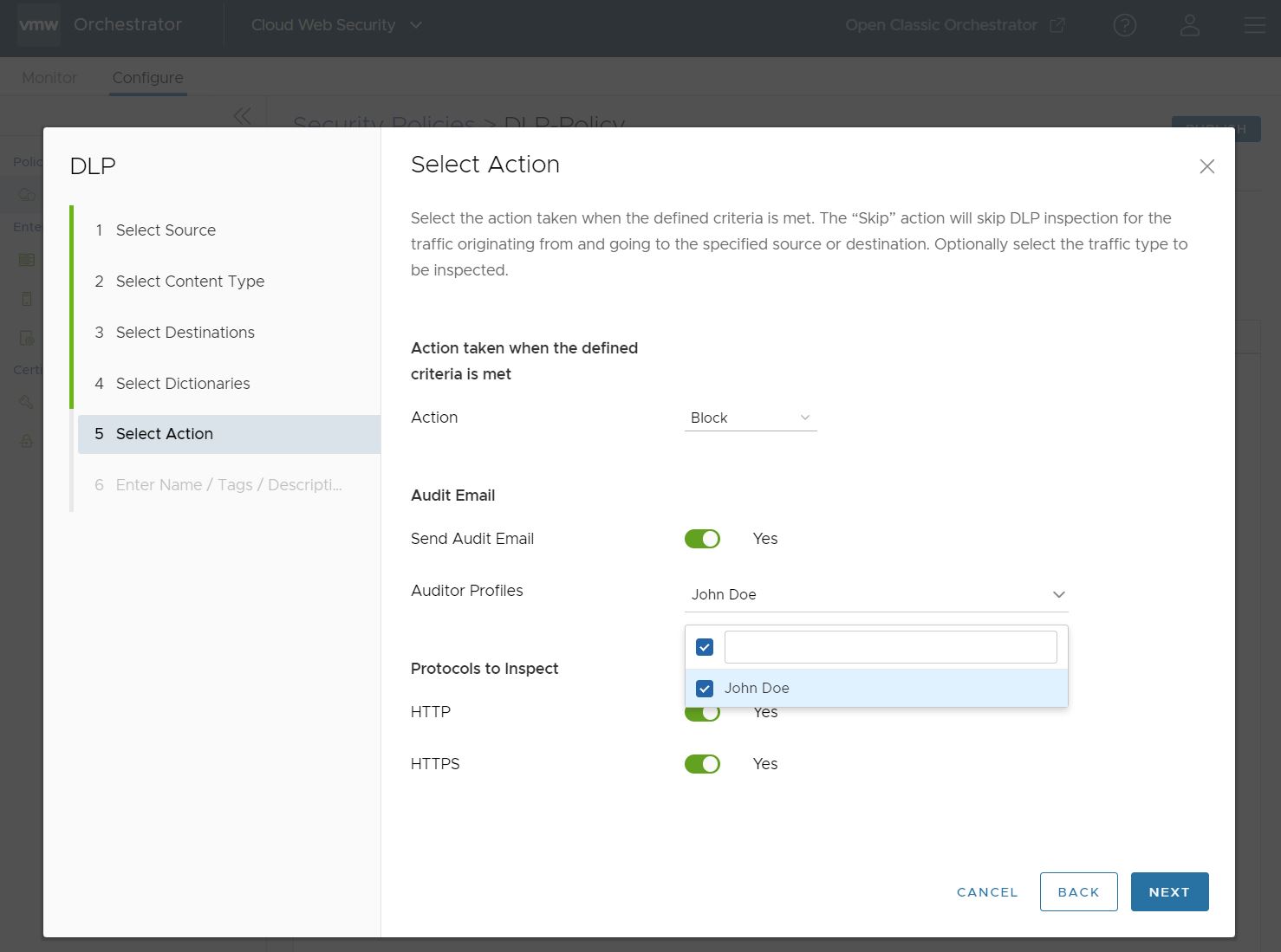 Screen shows the user toggling the Send Audit Email option and configuring an Auditor Profile.