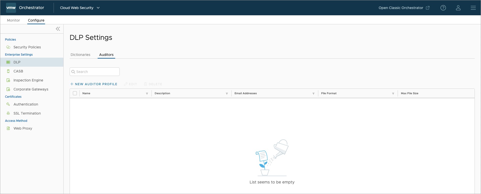 DLP Settings, Auditors configuration screen.