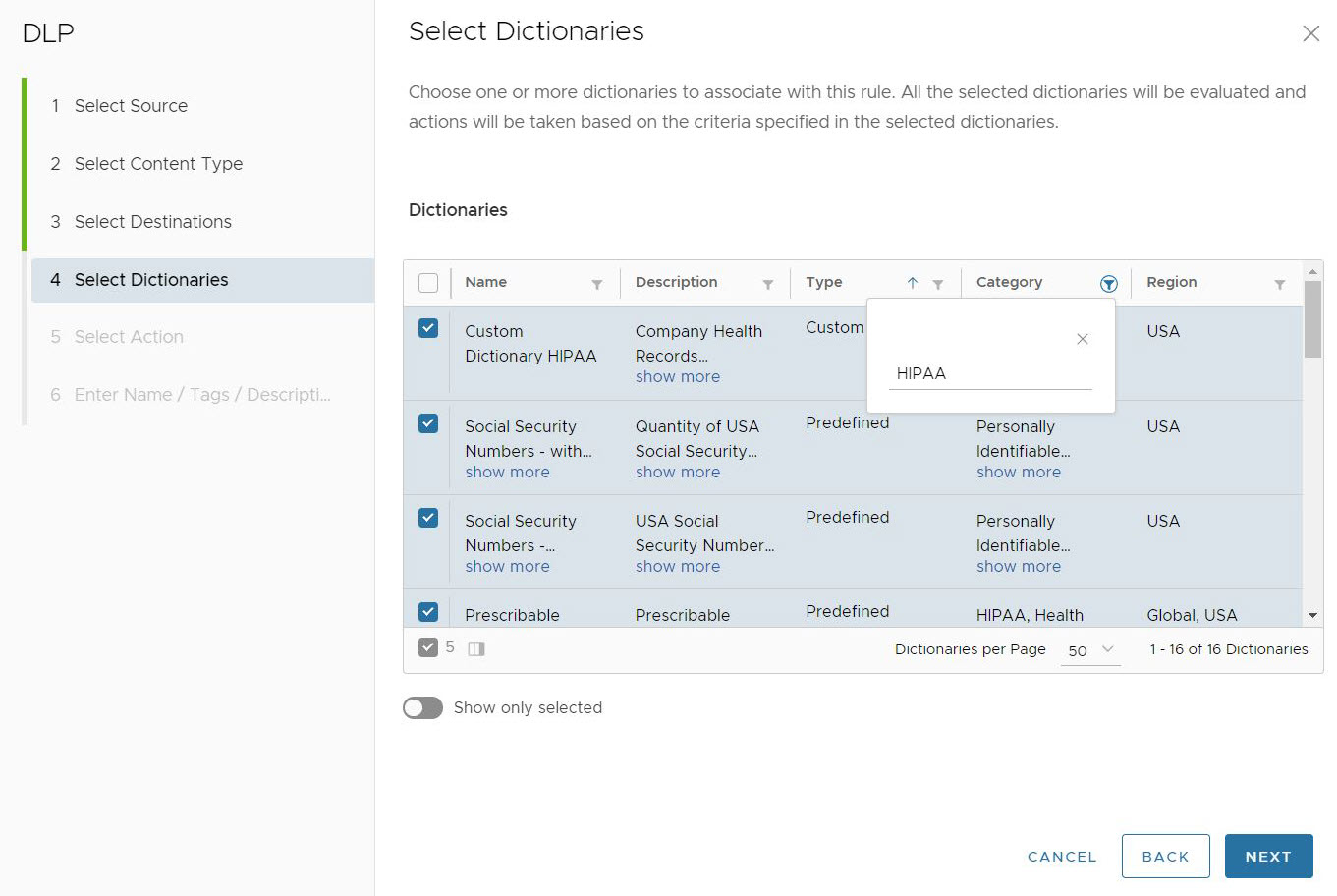 Filtering for Dictionaries using the Category search term HIPAA.