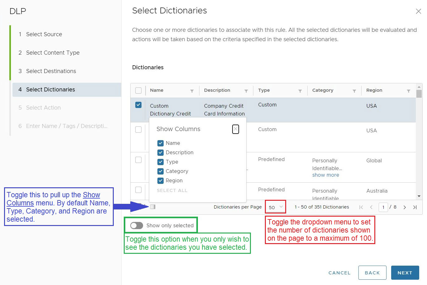 Select Dictionaries screen with explanations for several display configuration options.