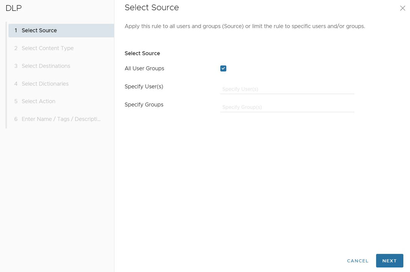 First option to configure is Source, by default this is set to All User Groups.
