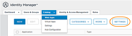 To display configuration options for the selected app, click the Settings button on the Catalog > Web Apps tab.