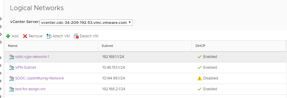 The image shows the Logical Networks page with a logical network highlighted and the Attach VM and Detach VM buttons shown.