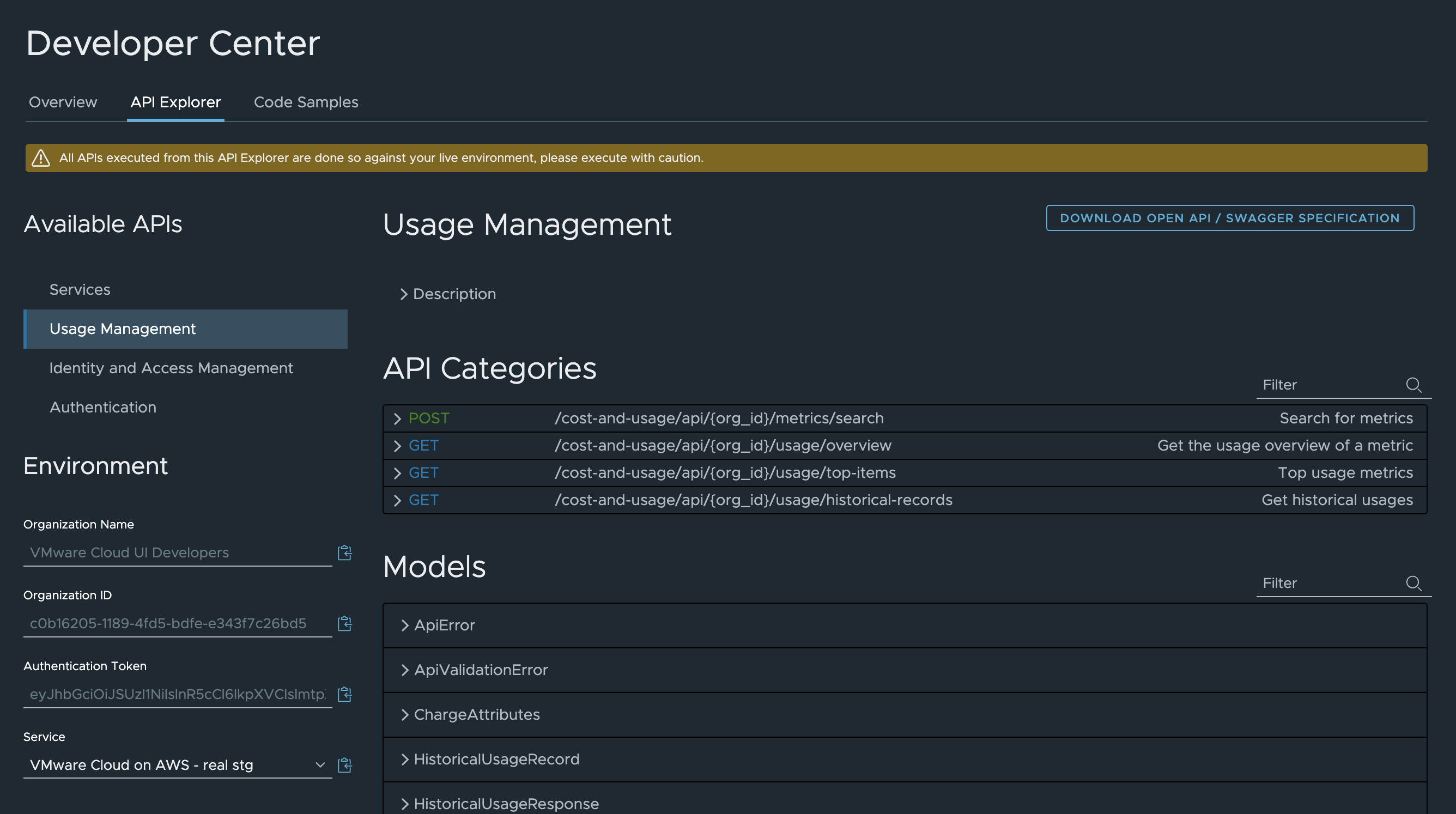 An example showing the Usage Management API categories in the API Explorer.