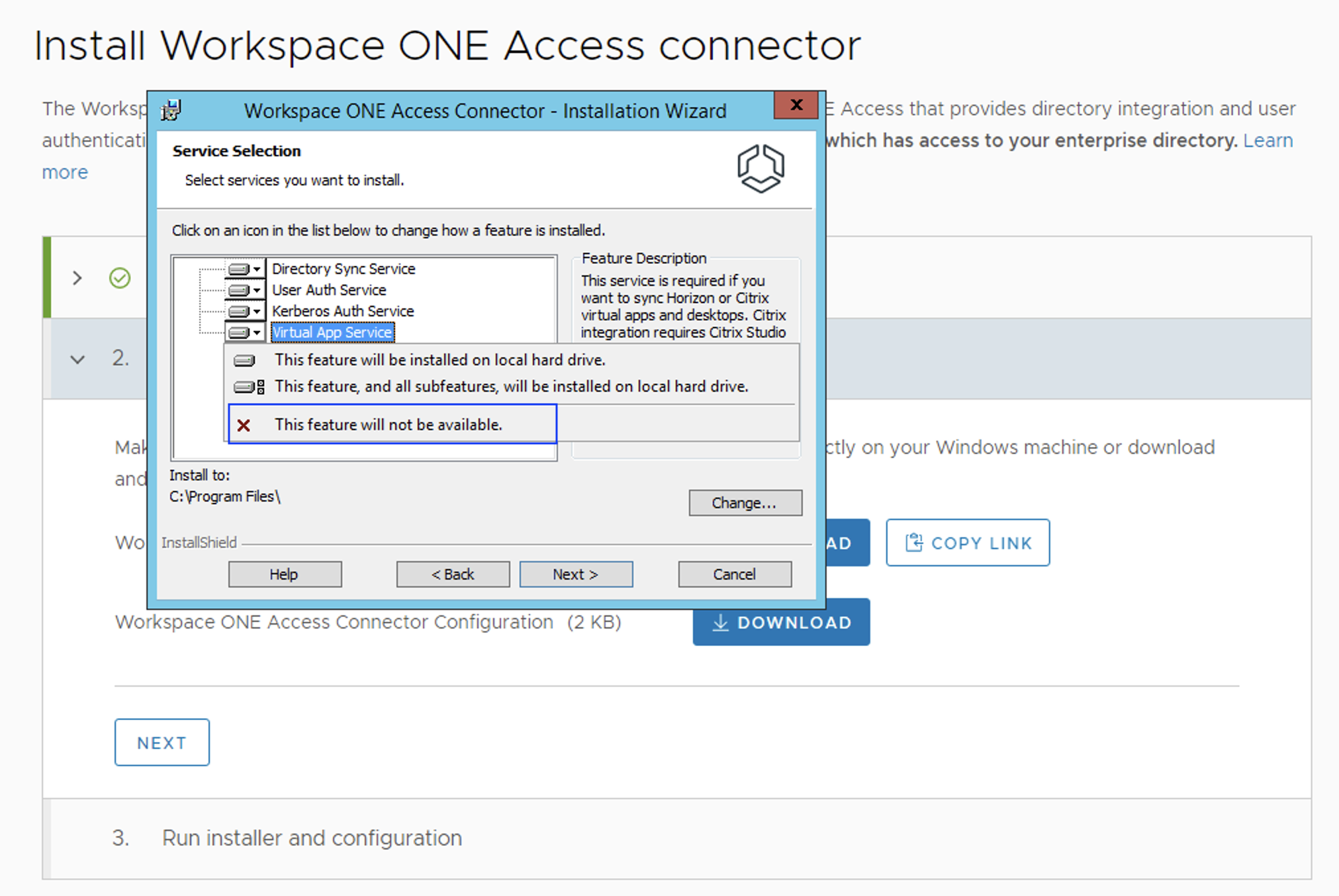 The Virtual App Service deselected in the Workspace ONE Access Connector installation wizard.