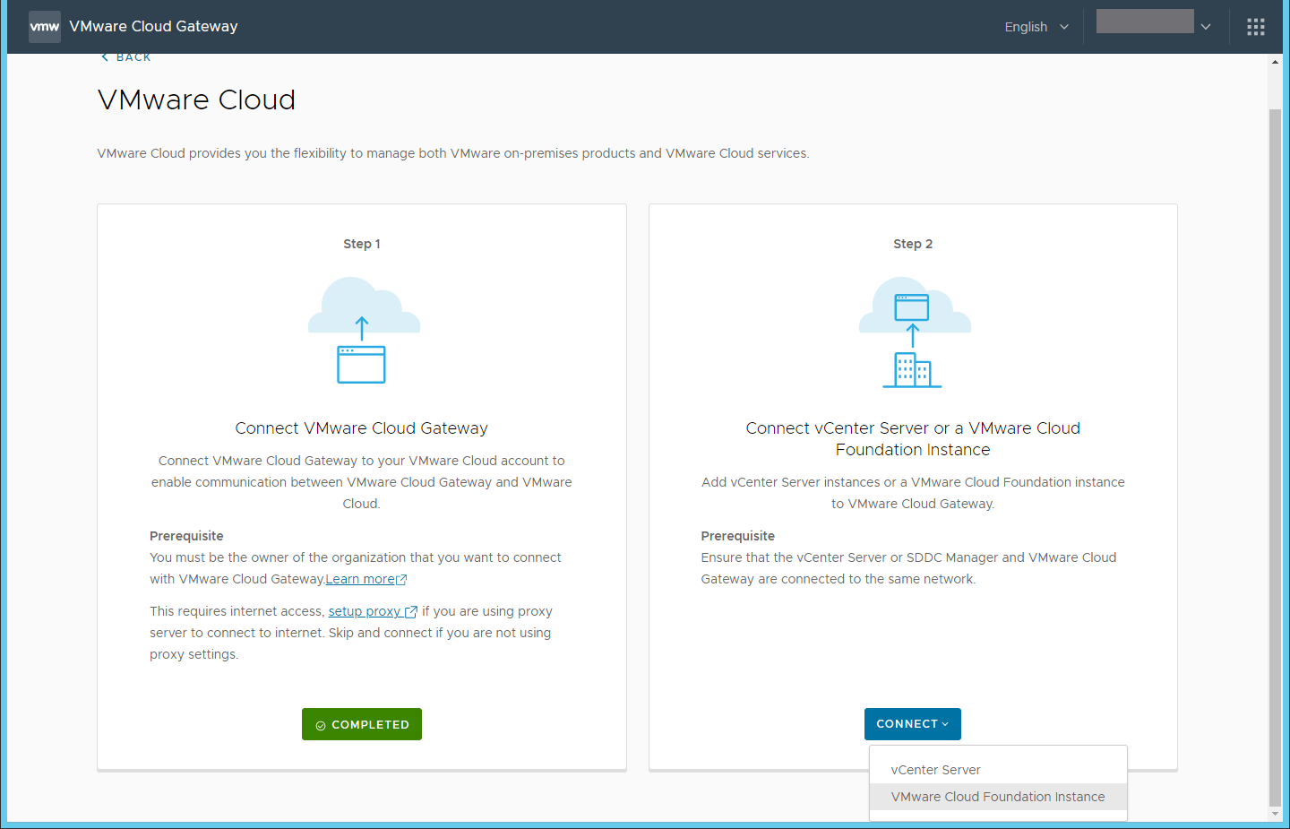 The right card represents the task to connect the cloud gateway to SDDC Manager. In it, select Connect and then VMware Cloud Foundation Instance.