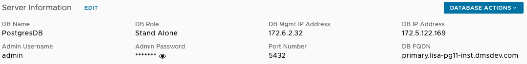 Database VM Connection Parameter Details