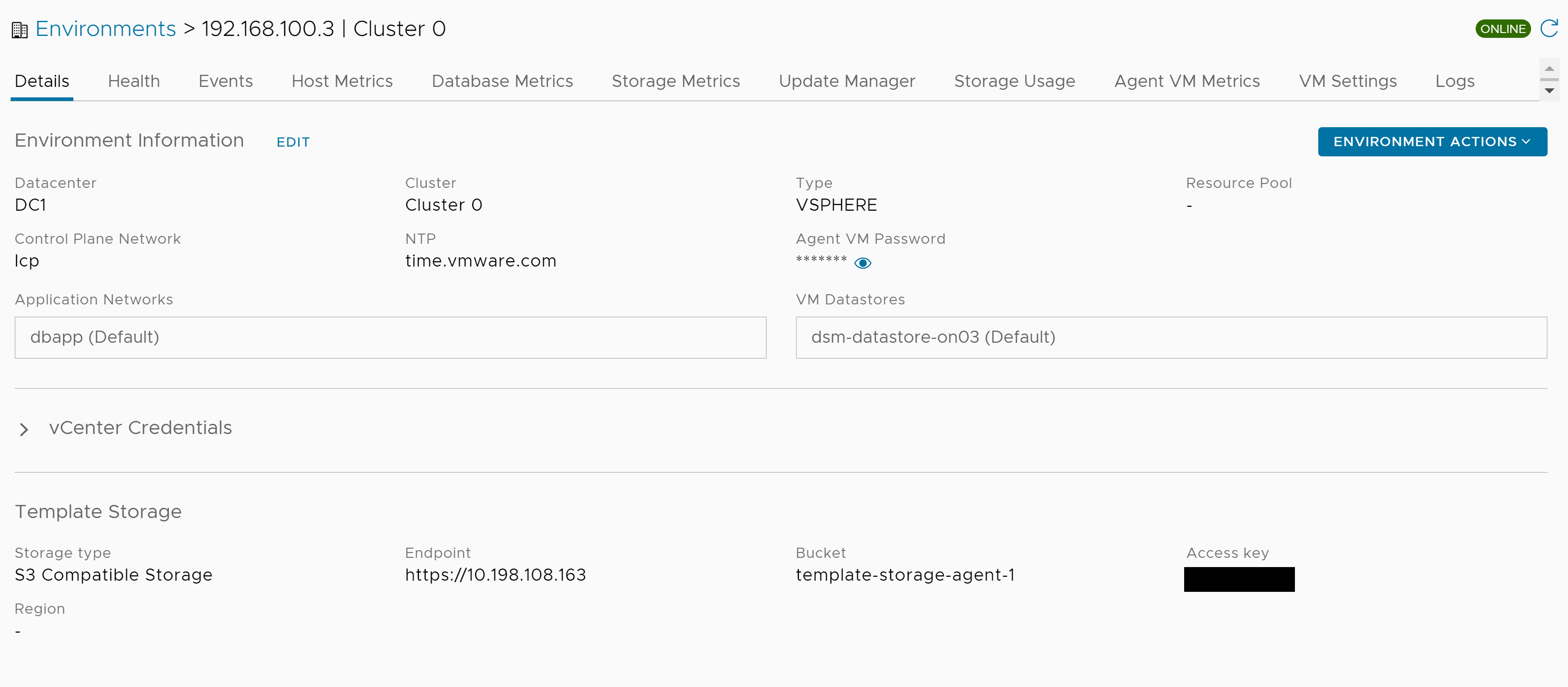 Actions on Onboarded Environments of VMware Data Services Manager