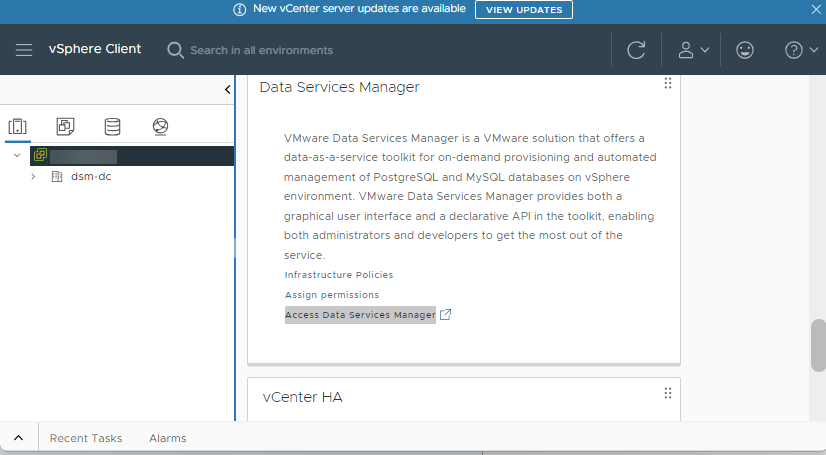 Access VMware Data Services Manager from the vSphere Client