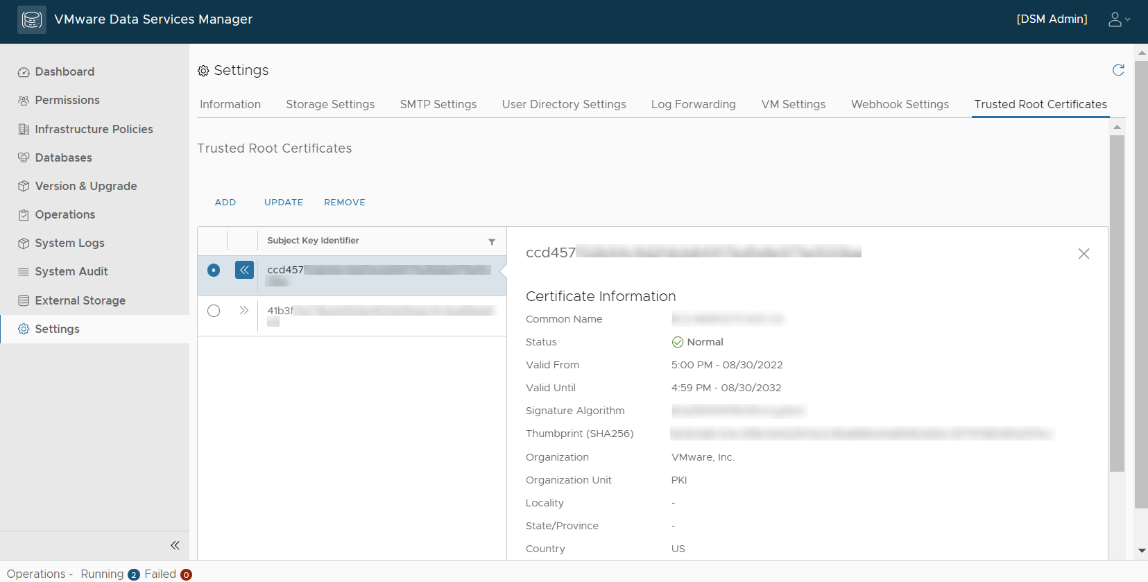 Configure root certificate from the DSM console