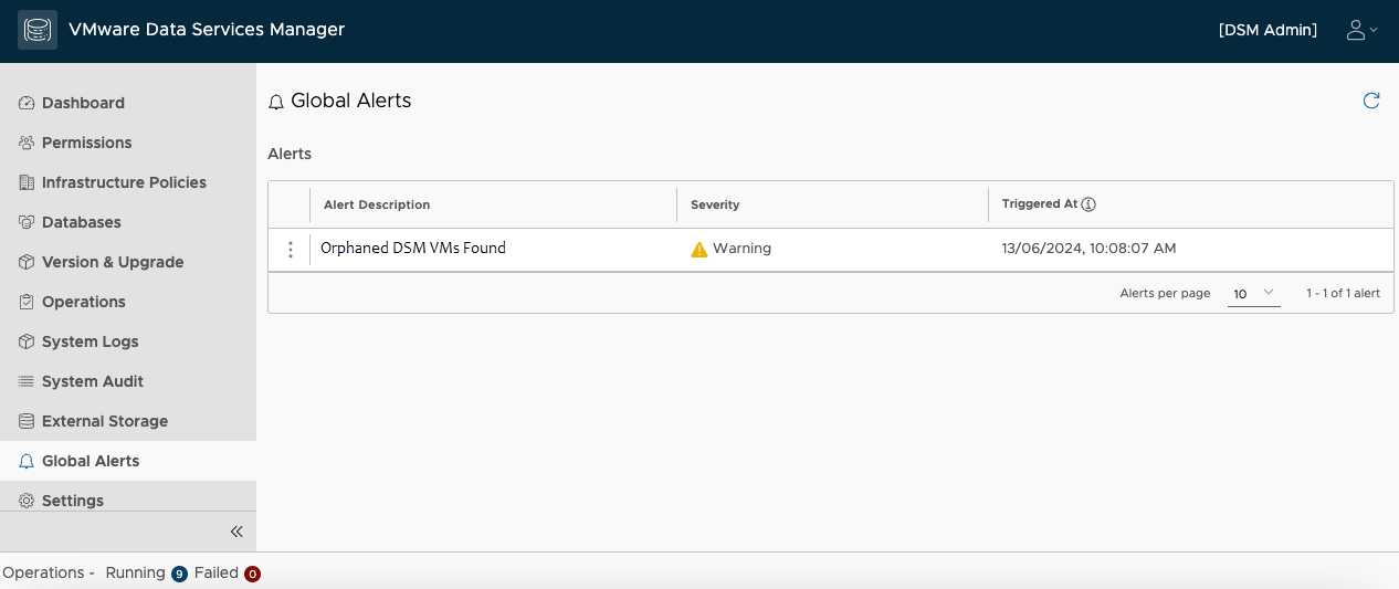 Orphaned DSM VMs Found alert as seen by a DSM admin.