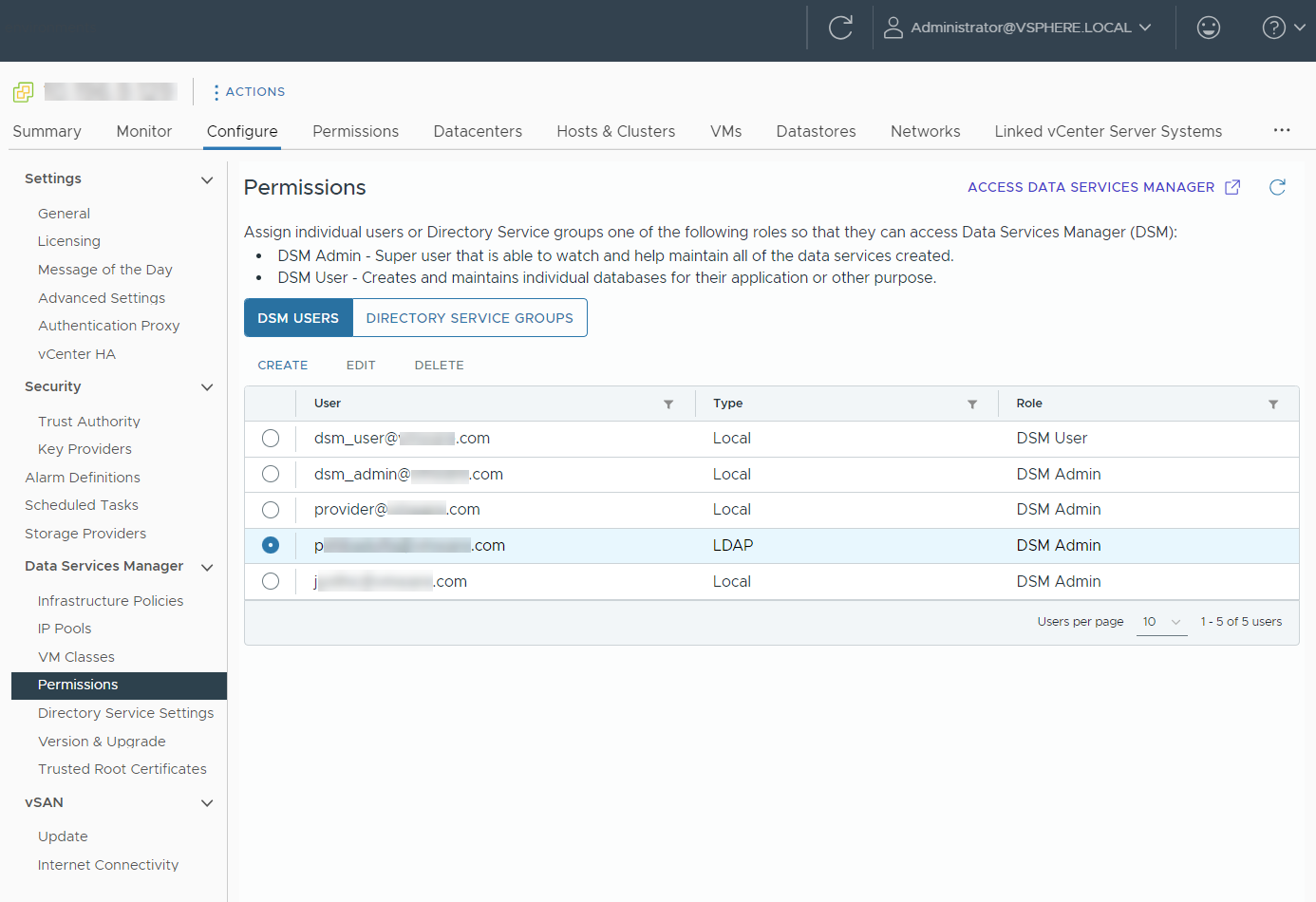 List of local users with a user with LDAP as a type in vSphere Client.