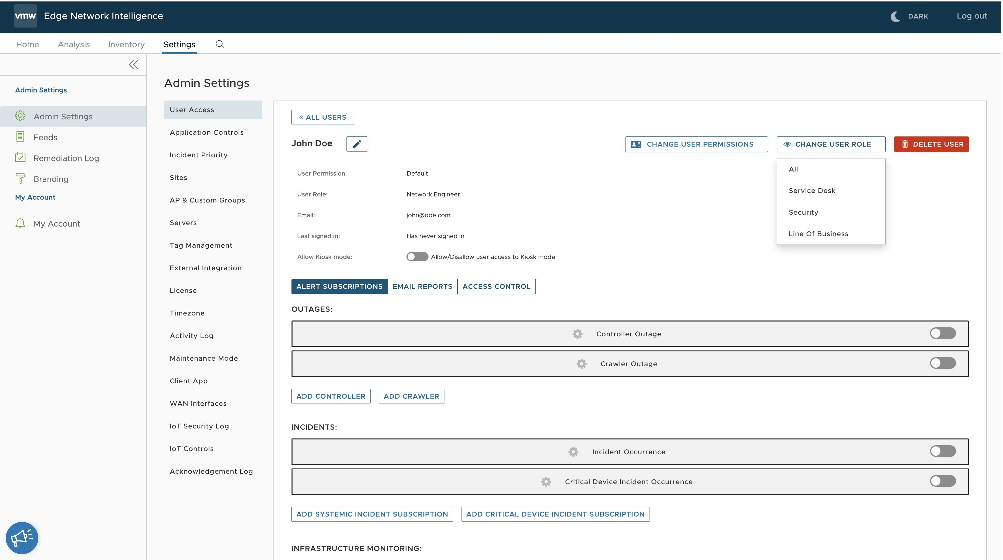 VMware Edge Network Intelligence - Admin Settings