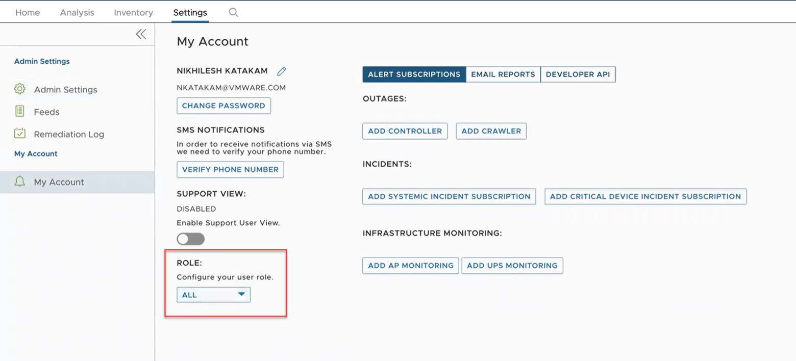 This screenshot shows how to configure User Role from the My Account settings.