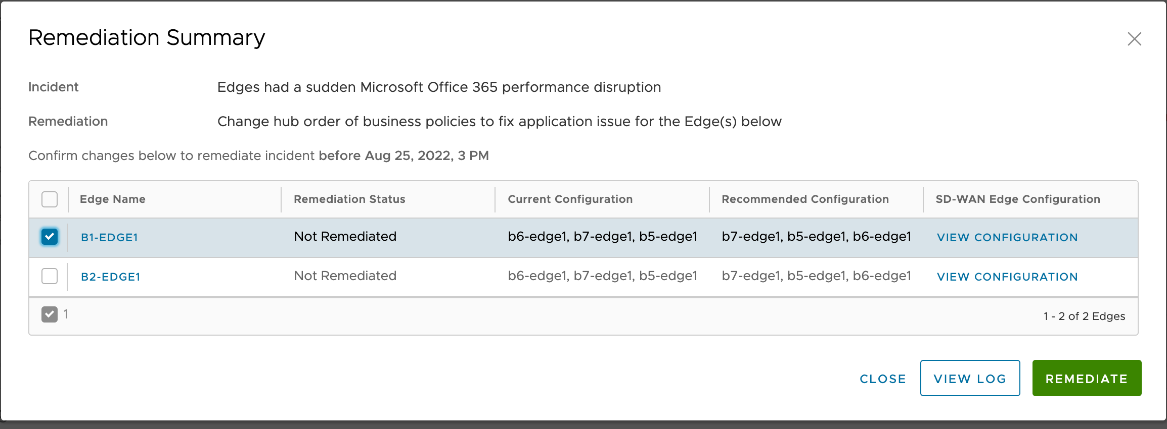 This screenshot shows the Remediation Summary of the incident and the affected Edges, and allows you to remediate all or specific Edges.