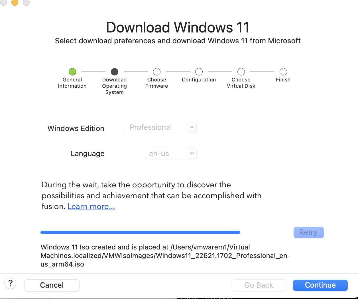 The screenshot shows completion of the Windows 11 download and ISO creation.