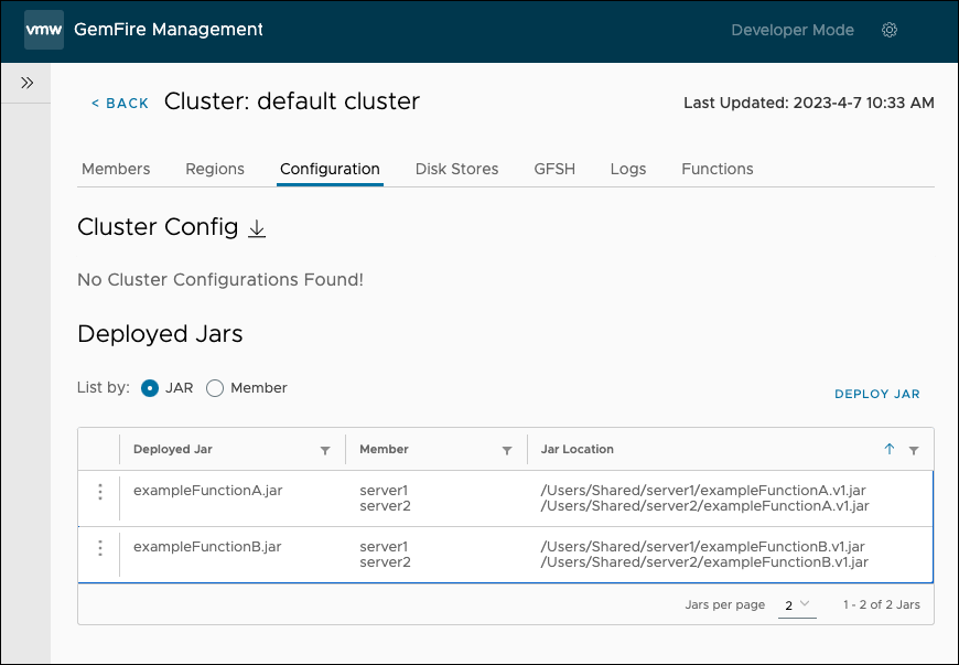 cluster configuration pane showing no configuration and two JAR files, exampleFunctionA and exampleFunctionB, both deployed to server1 and server2