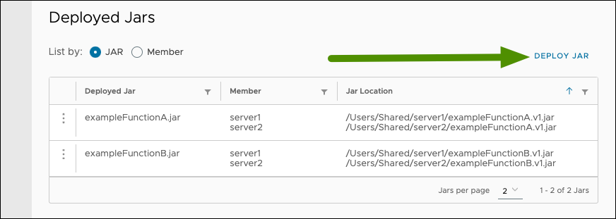 'Cluster Config' section of cluster configuration pane with arrow pointing to Deploy JAR