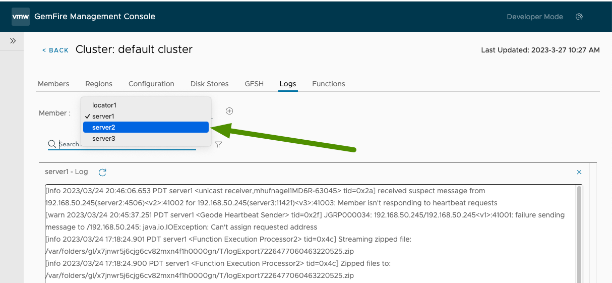 server1 logs visible, open dropdown menu with arrow pointing towards server2