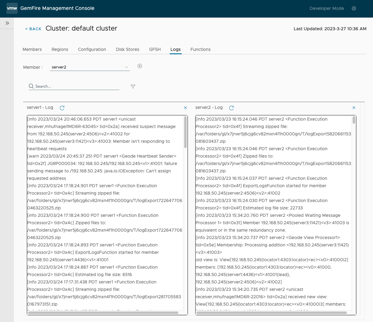 server1 and server2 logs displayed