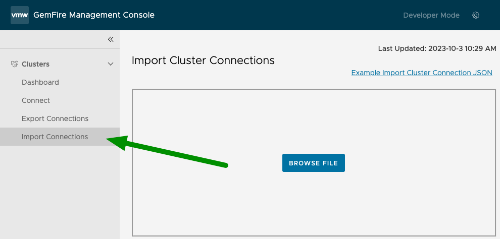 clusters dashboard with arrow pointing to Import menu item