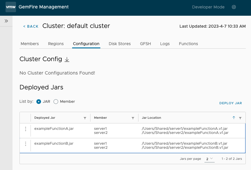 cluster configuration pane showing no configuration and two JAR files, exampleFunctionA and exampleFunctionB, both deployed to server1 and server2