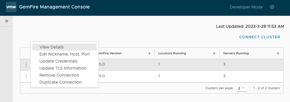 clusters dashboard showing the Action menu for the default cluster