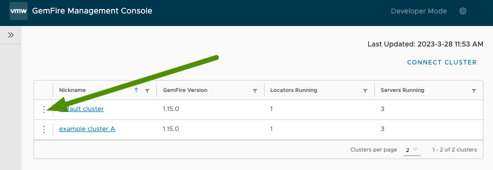 clusters dashboard with arrow pointing to vertical ellipsis for the default cluster