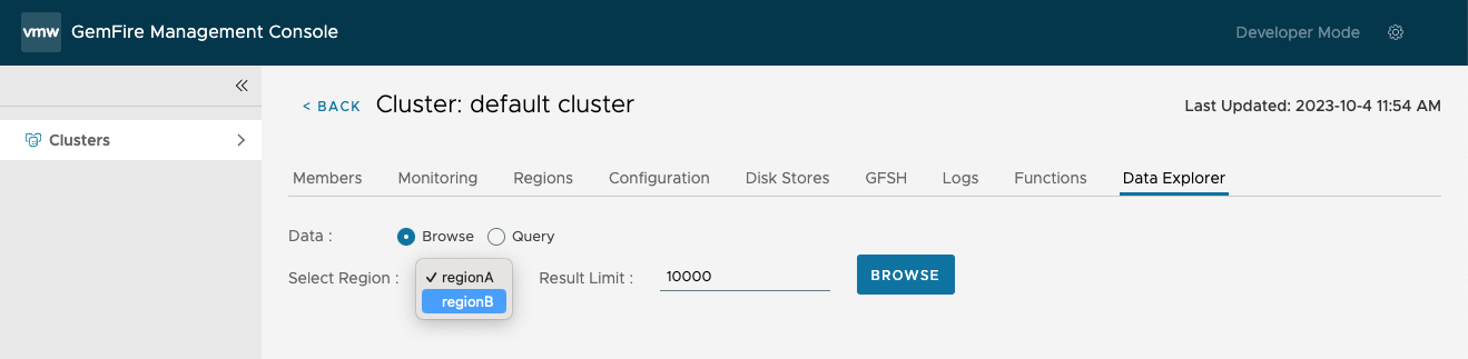 data browser showing region selection