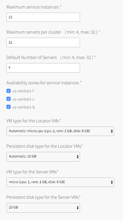 Example plan quota configuration showing maximum service instances field set to 15, VM type for the locator VMs set to micro.cpu, persistent disk type for the locator VMs set to 10 GB, VM type for the server VMs set to micro, persistent disk type for server VMs set to 20 GB