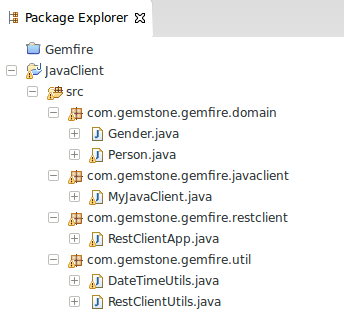 Project directory structure. Top level folder 'JavaClient' contains 'src' folder. 'src' folder contains 'com.gemstone.gemfire.domains', 'com.gemstone.gemfire.javaclient', com.gemstone.gemfire.util' folders. Each of these 'com.' folder contain one or more .java' files. 
