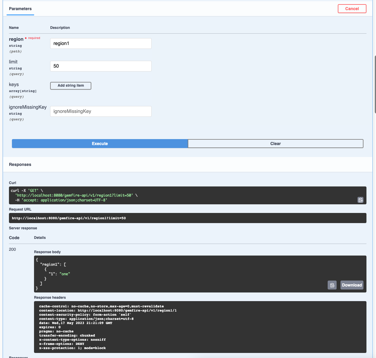 updated API response page in Swagger showing keys and values