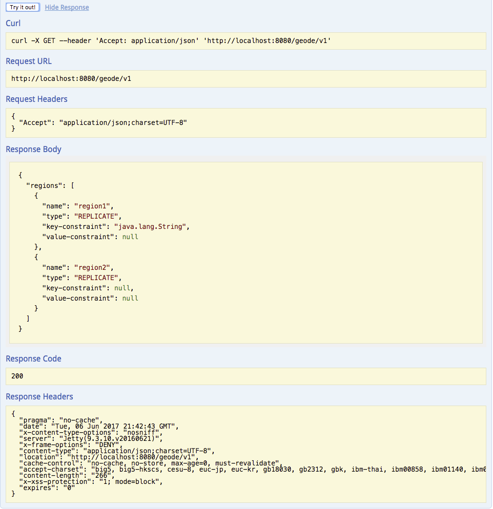 API response page in Swagger