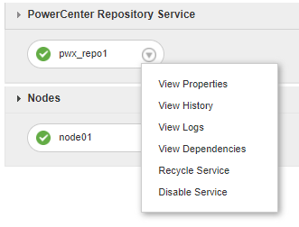 PowerCenter Repository Service Menu Options