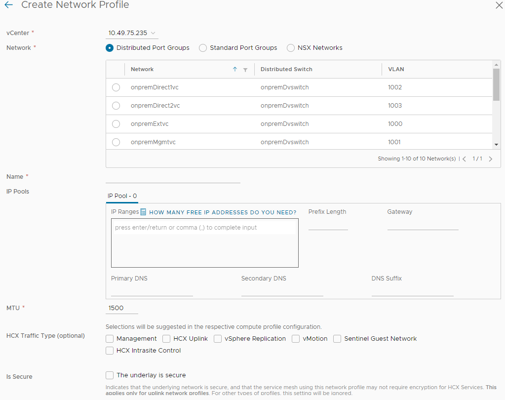 Create Network Profile screen with fields for vCenter, Network, Name, IP Pools, MTU, and HCX traffic type. An asterisk marks mandatory items.