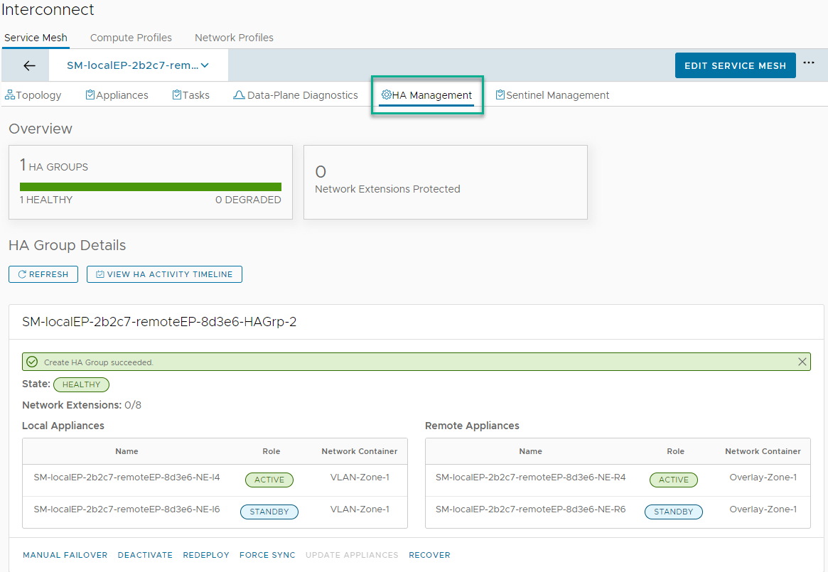 Service Mesh HA Management screen with HA Group Details. Reports name, role, and container for local and remote appliances.Group State is Healthy.