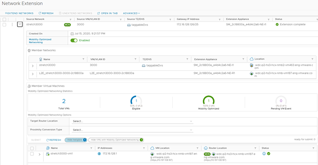 Network Extention UI screen with one network entry expanded to show the slider for enabling MON and showing details of the network extension.