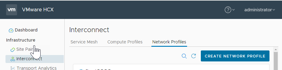 Shows the Create Network Profile button highlighted in the Interconnect interface.