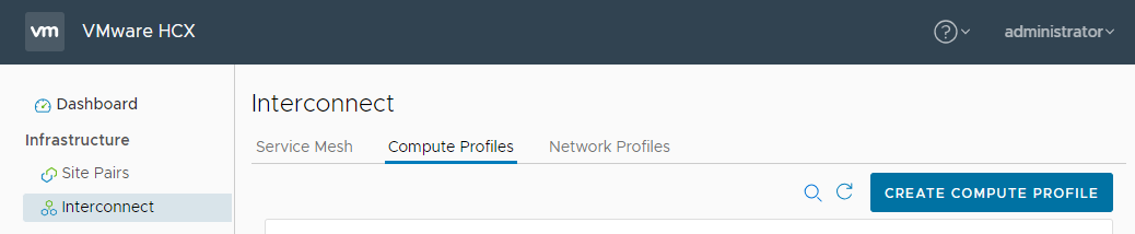 Shows the Create Compute Profile button highlighted in the HCX Manager Interconnect > Compute Profiles screen.