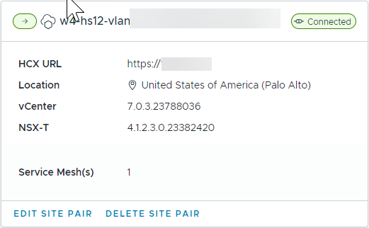 Successful vSphere to vSphere site pairing that shows the sites are connected with an arrow indicating the direction of mobility operations.