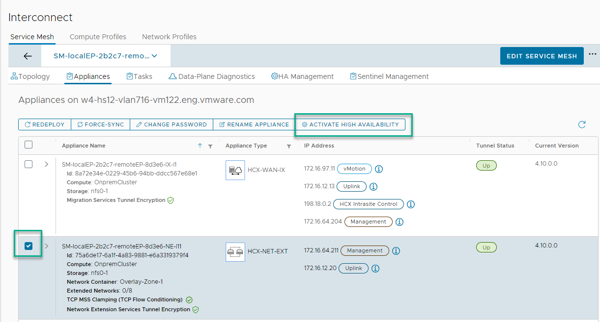 Service Mesh Appliances screen highlighting the selected appliance and highlighting the Activate High Availability tab.