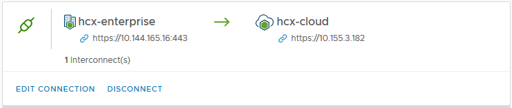 HCX Manager UI for Site Pairing with a green arrow from the source site to the destination site, signifying a successful pairing.