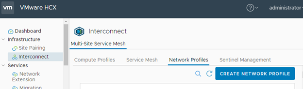 Shows the Create Network Profile button highlighted in the HCX Manager Interconnect > Network Profiles screen.
