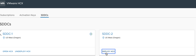 SDDC panel with the Deploy HCX button selected.